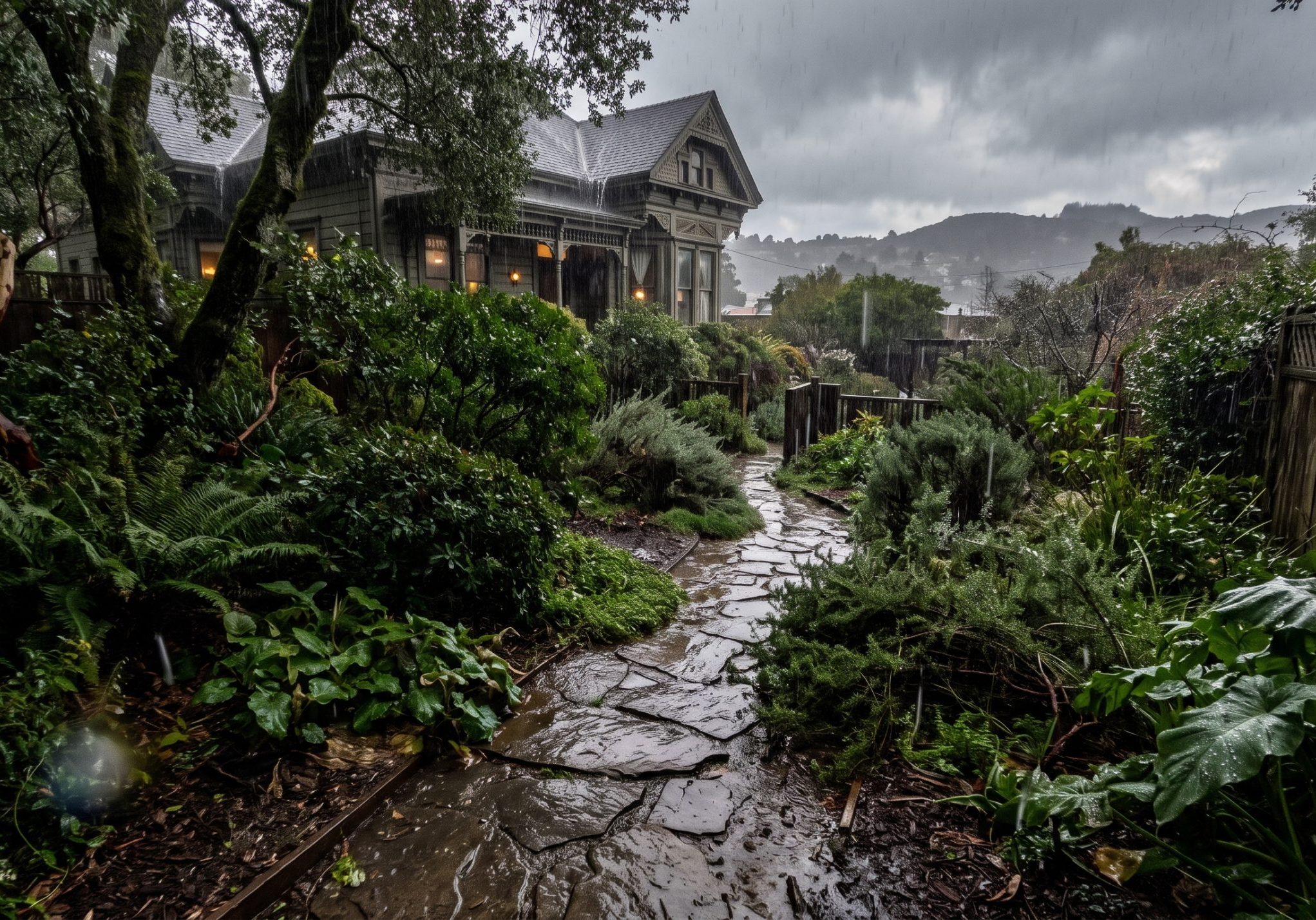 Heavy rain on a Victorian home and garden with water spilling off the roof onto a flagstone path lined with ferns
