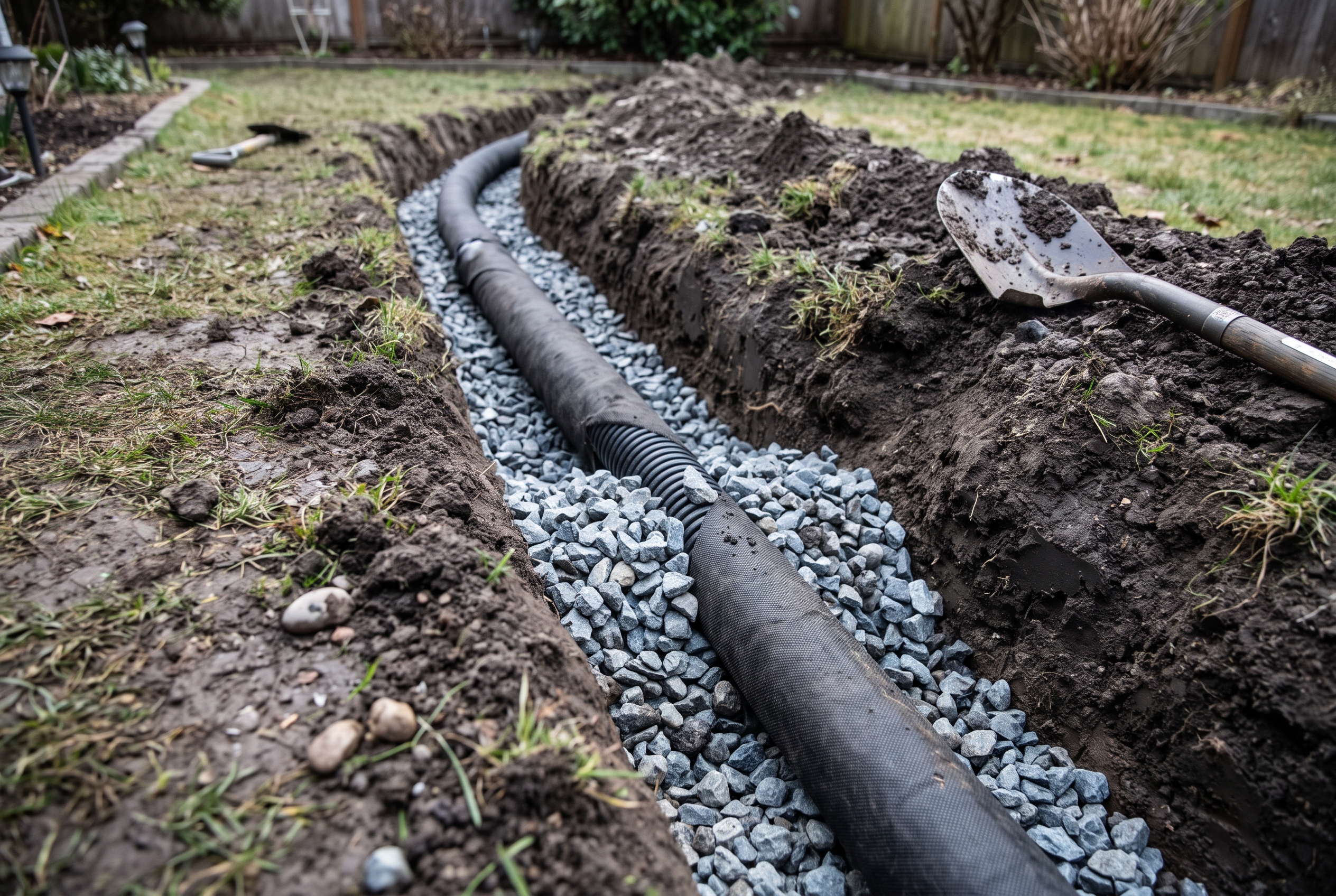 Open French drain trench with perforated pipe in filter fabric on a bed of gravel