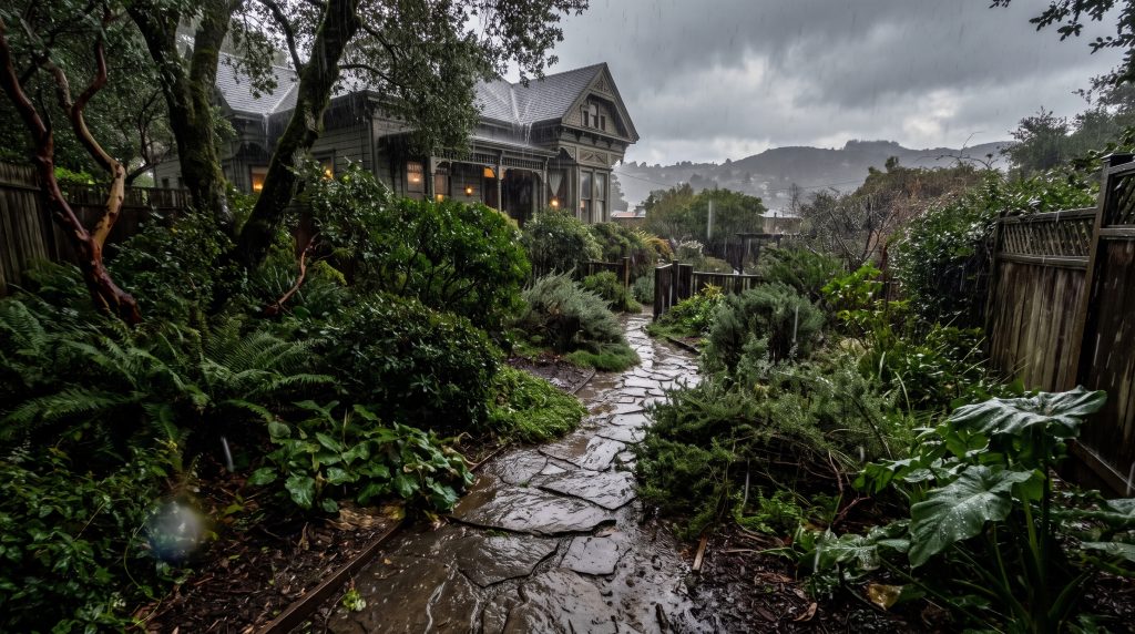 Heavy rain on a Victorian home and garden with water spilling off the roof onto a flagstone path lined with ferns